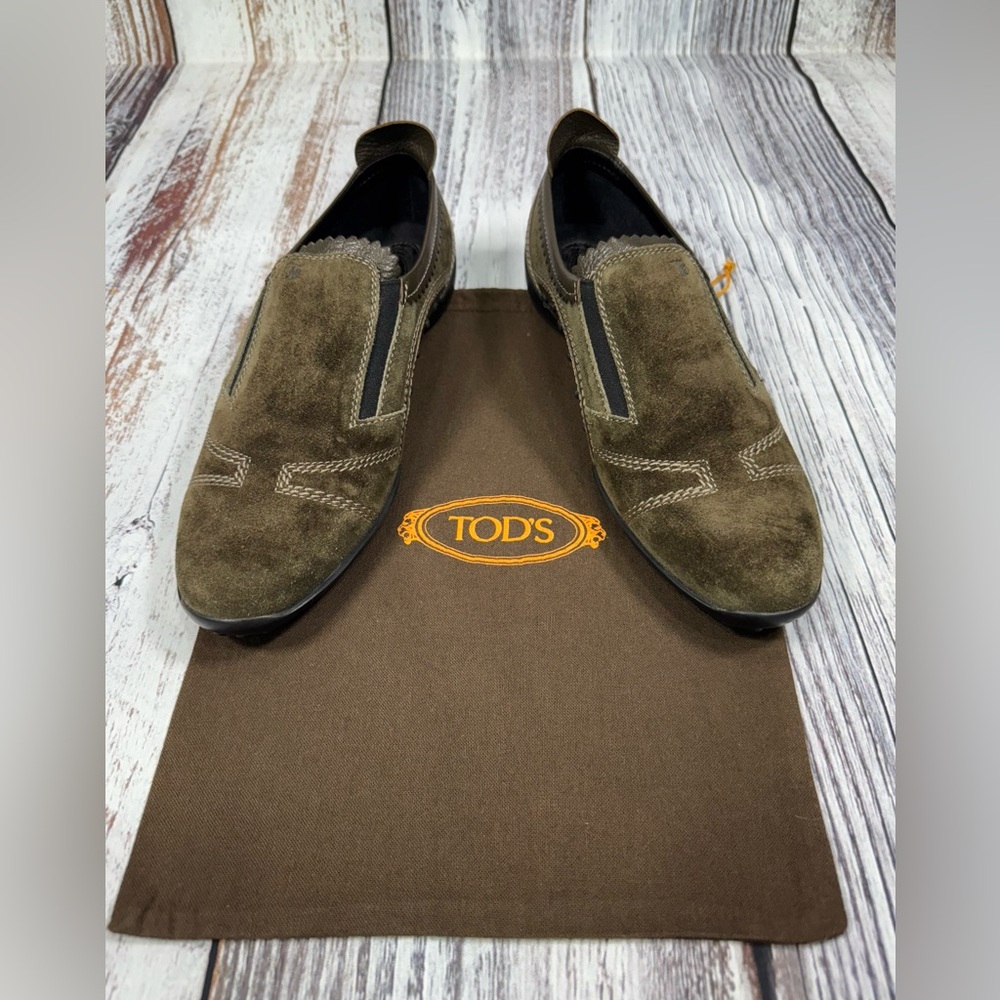 TODS Vintage Olive Green Slip-on Sneakers with Rubber Sole Made in Italy Size 9